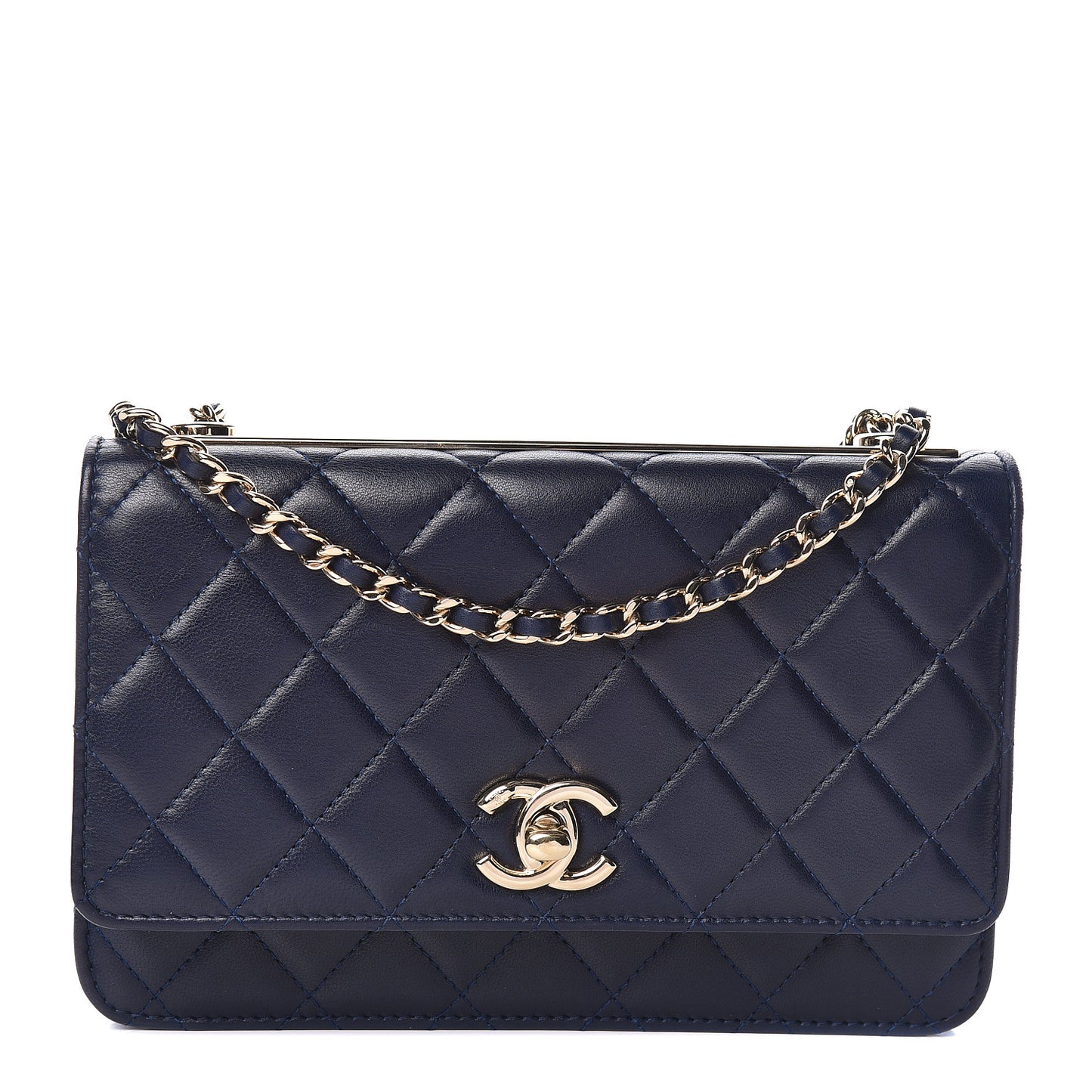 Lambskin Quilted Trendy CC Wallet On Chain WOC Navy