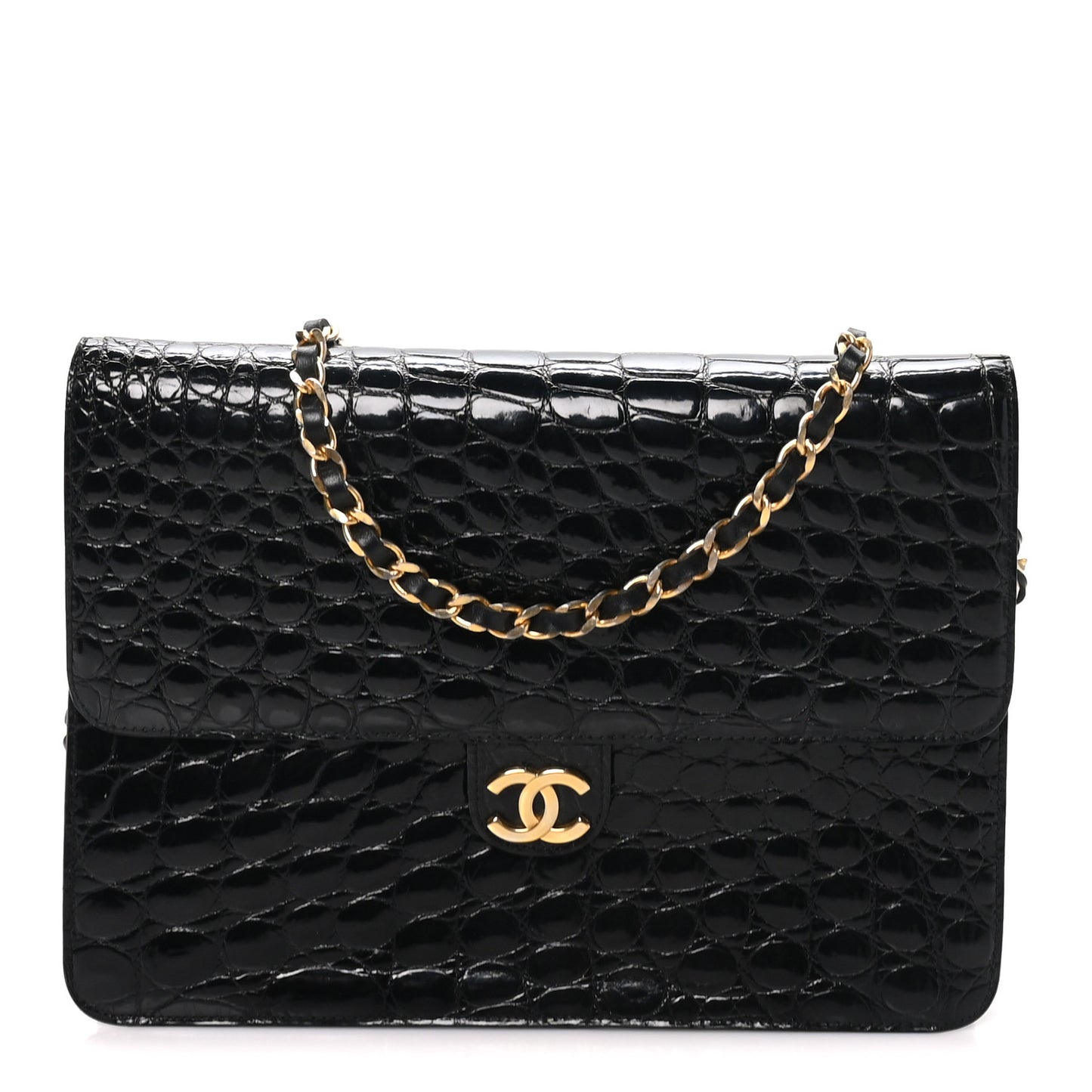Shiny Crocodile Medium Single Flap Black