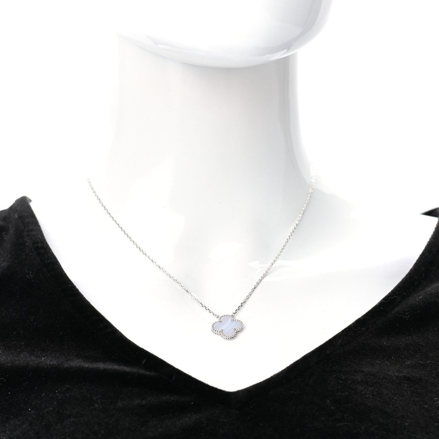 Van Cleef & Arpels 18K White Gold Chalcedony Vintage Alhambra Pendant Necklace 2 of 7