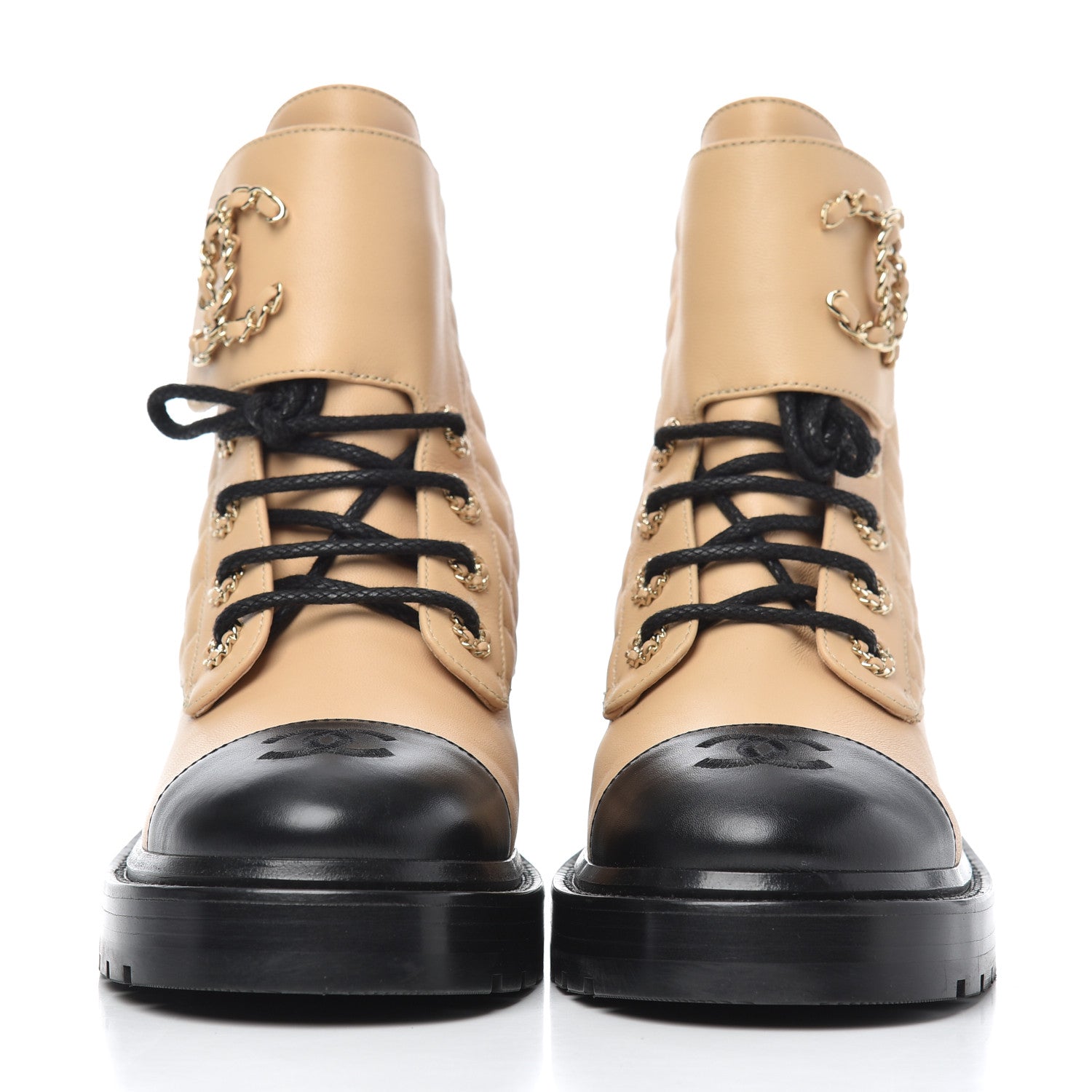 Chanel Lambskin Calfskin Quilted Lace Up Combat Boots 37 Beige Black 2 of 14