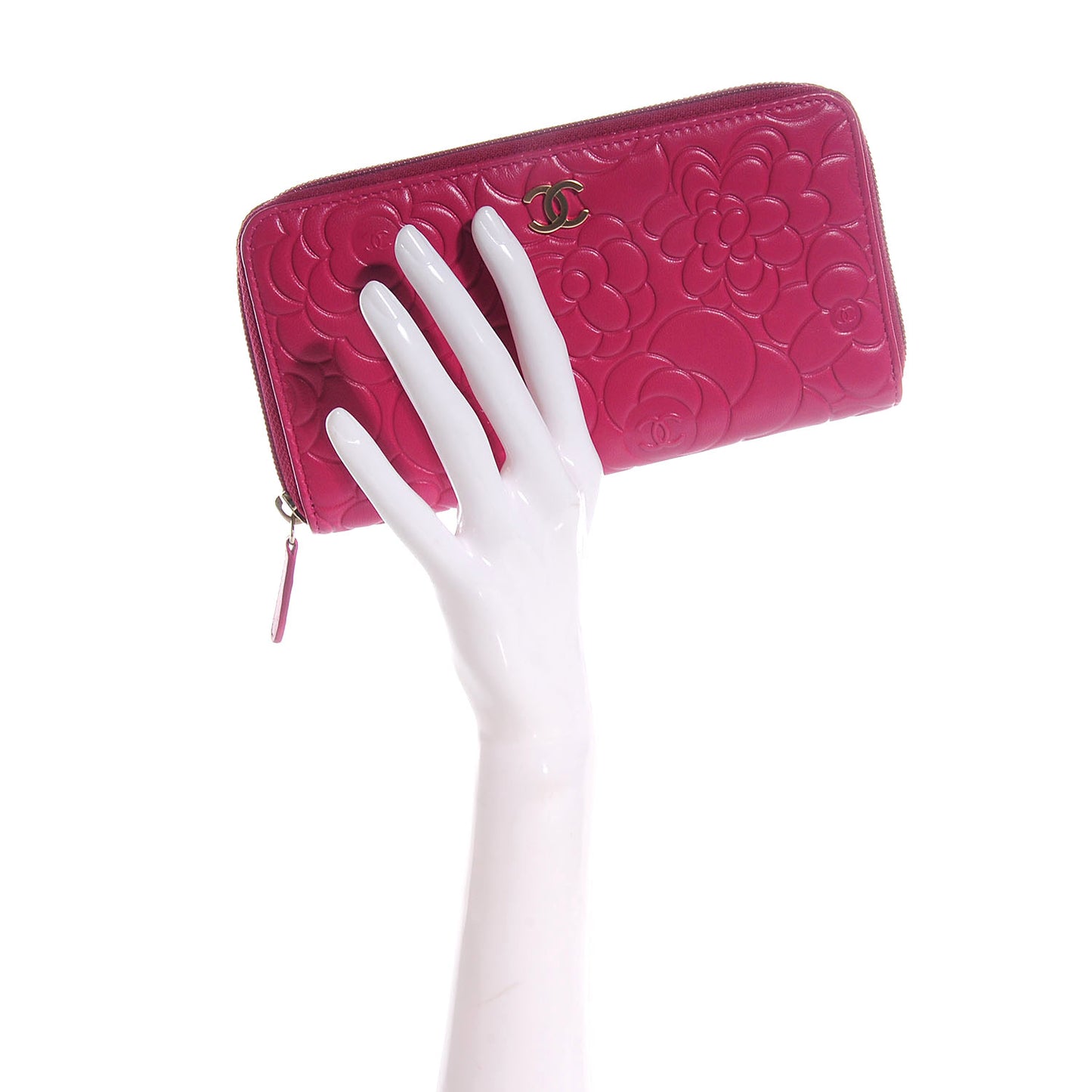 Lambskin Camellia Embossed Large Gusset Zip Around Wallet Fuchsia
