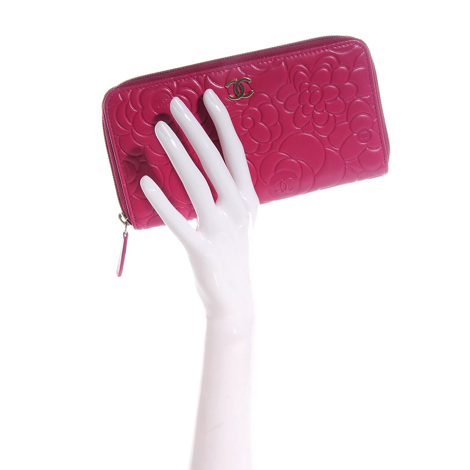 Chanel Lambskin Camellia Embossed Large Gusset Zip Around Wallet Fuchsia 2 of 9