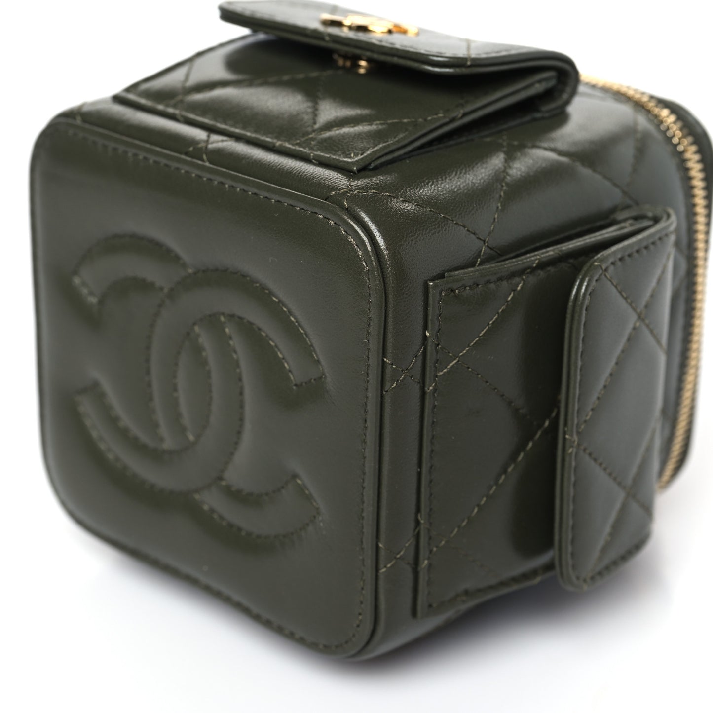Lambskin Quilted Polly Pocket Top Vanity With Chain Khaki