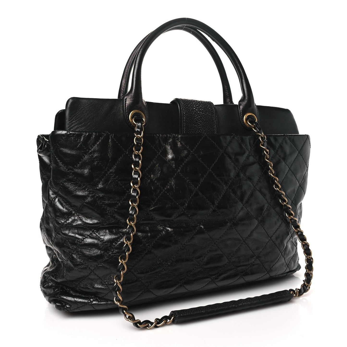 Glazed Calfskin Stingray Large Bindi CC Tote Black