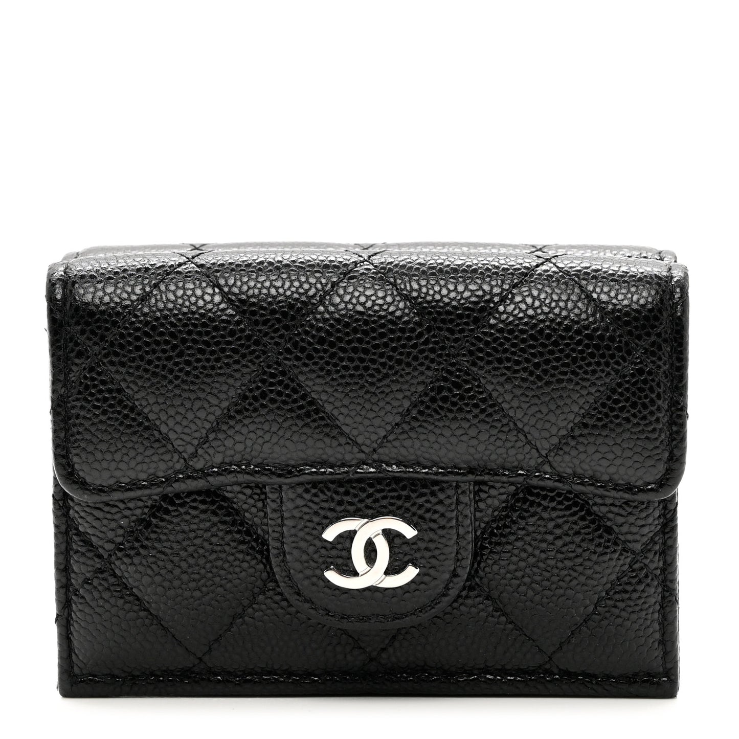 Caviar Quilted Tri-Fold Flap Wallet Black