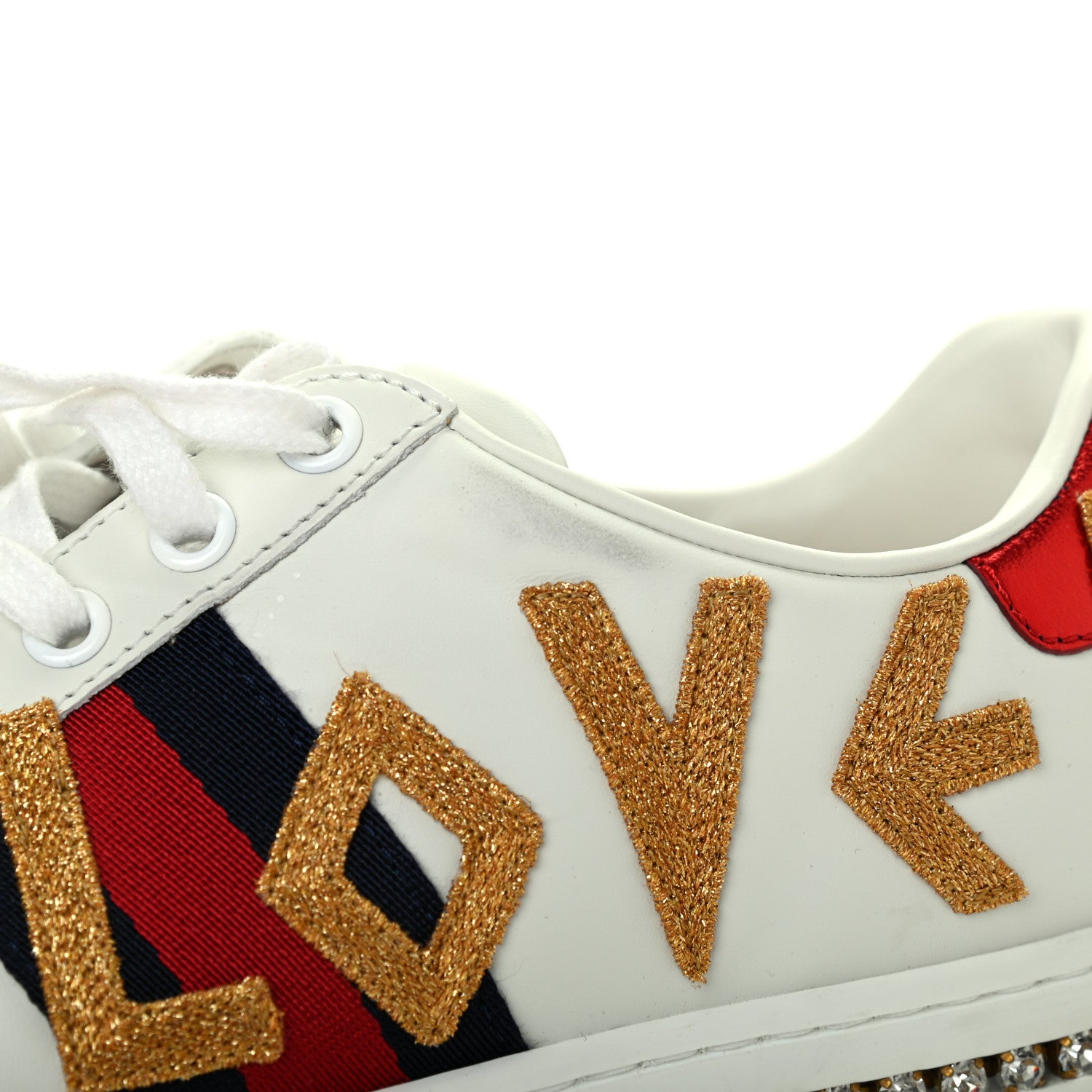 Gucci Calfskin Crystal Web LOVED Embroidered Womens Ace Platform Sneakers 37 White Red Flame Notte 14 of 16