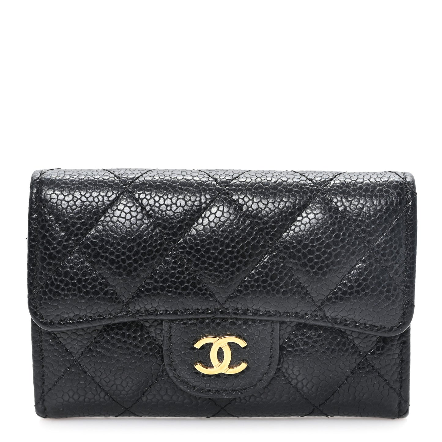 Caviar Quilted Flap Card Holder Wallet Black