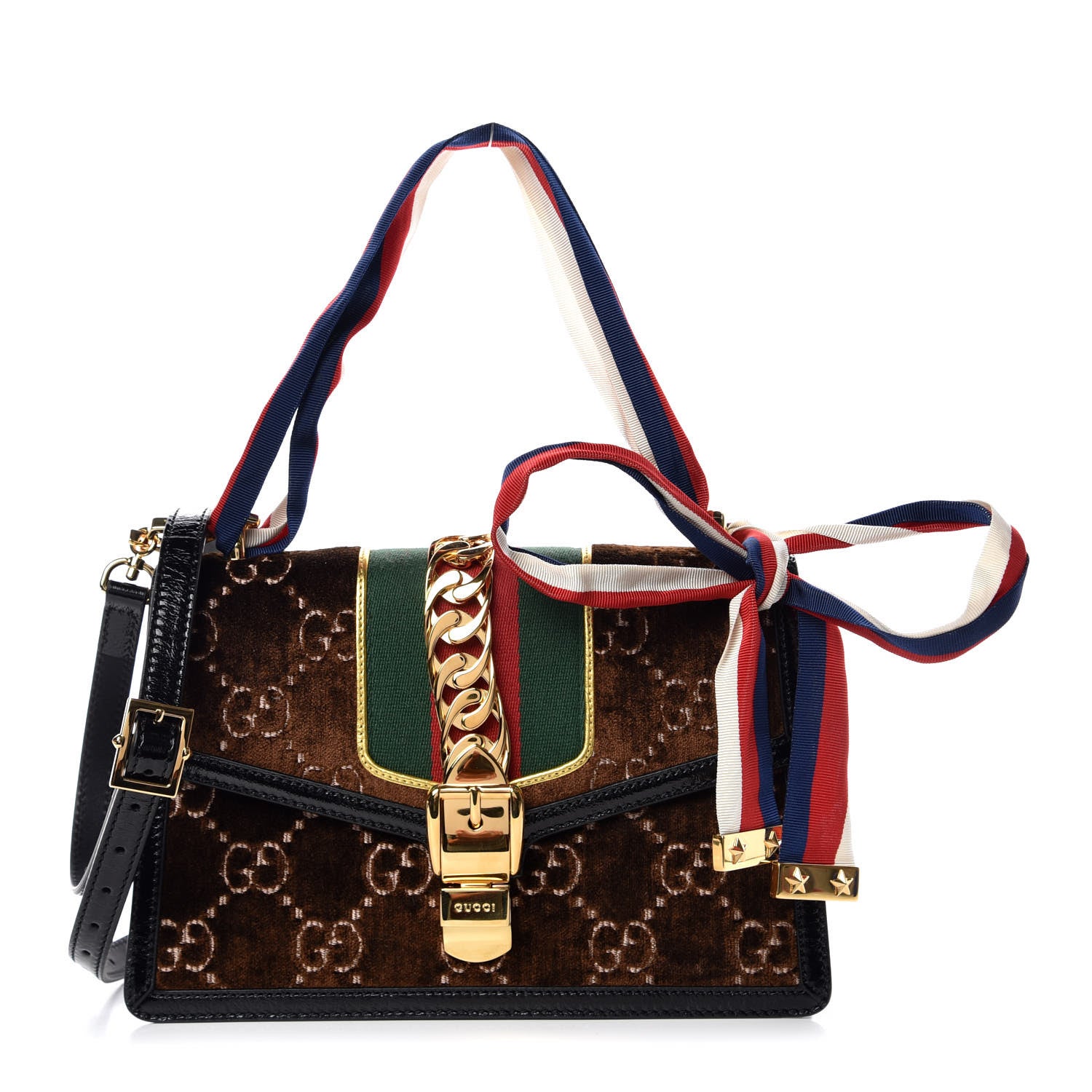 Gucci Velvet GG Monogram Web Small Sylvie Shoulder Bag Brown Black Oro Vecchio 4 of 10