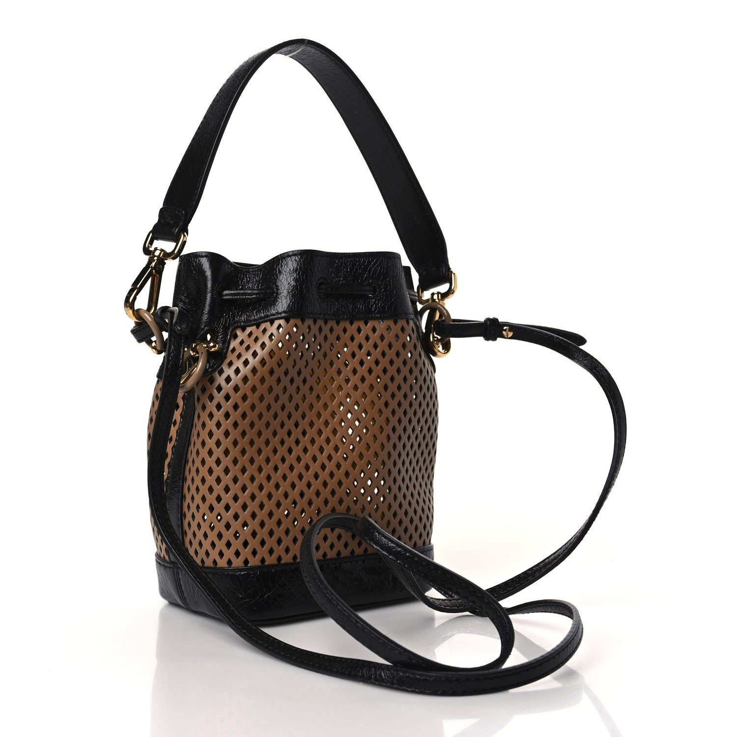 Fendi Vitello Liberty Glossy Lambskin F is Fendi Perforated Mini Mon Tresor Bucket Bag Sand Mimosa Black 3 of 9