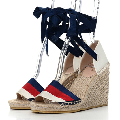 Gucci Canvas Sylvie Web Ankle Wrap Espadrille Wedge Sandals 36 Mystic White Hibiscus Red Maritime 3 of 8