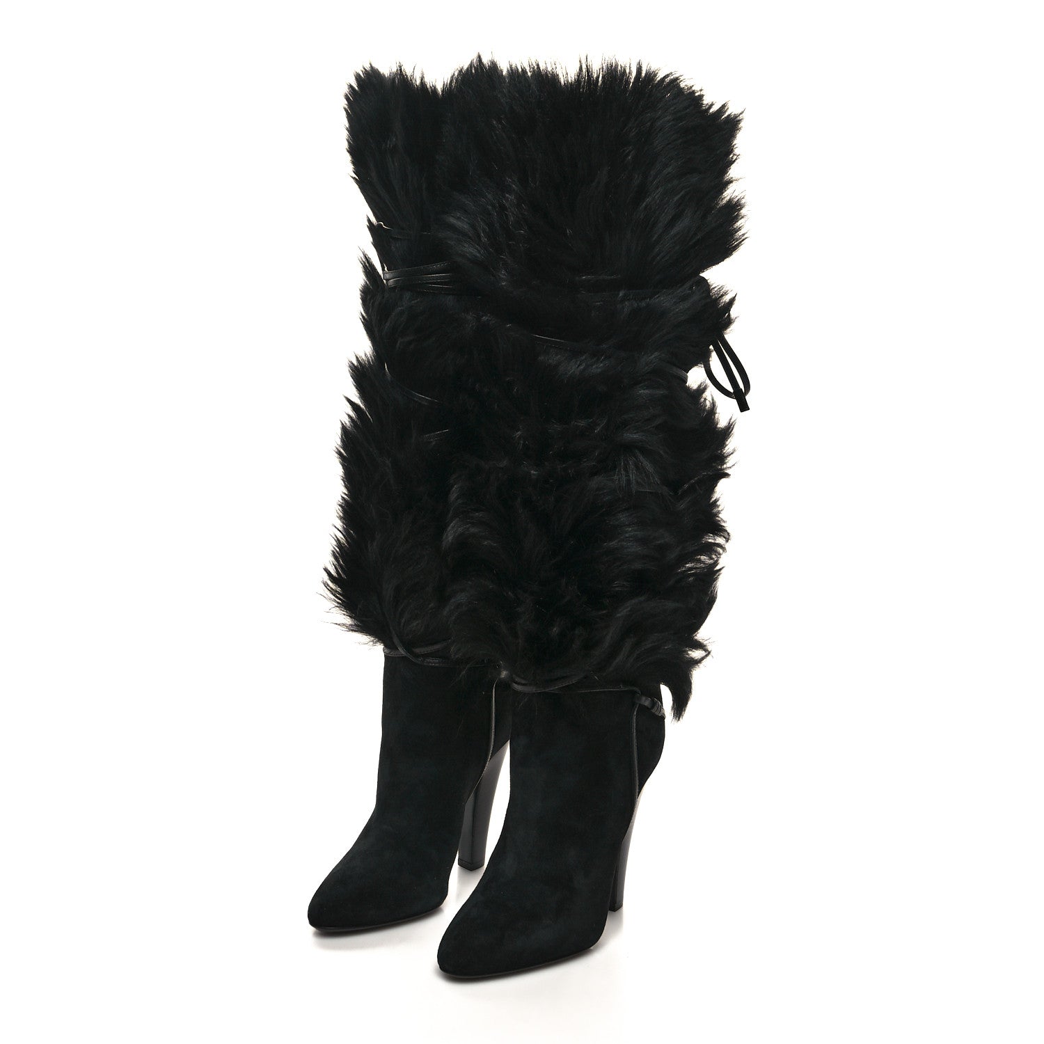 Saint Laurent Suede Faux Fur Jokull 105 Over The Knee Boots 38 Black 3 of 7