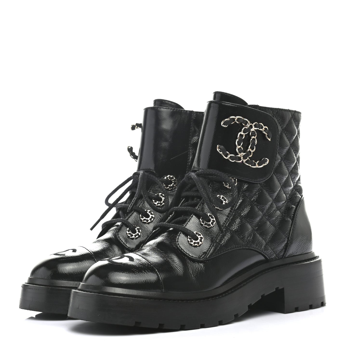 Shiny Calfskin Quilted Lace Up Combat Boots 35 Black