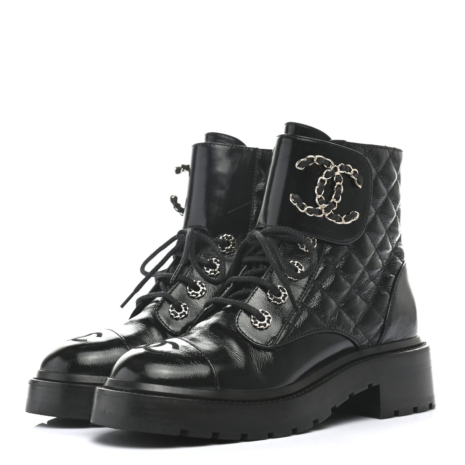 Chanel Shiny Calfskin Quilted Lace Up Combat Boots 35 Black 4 of 12