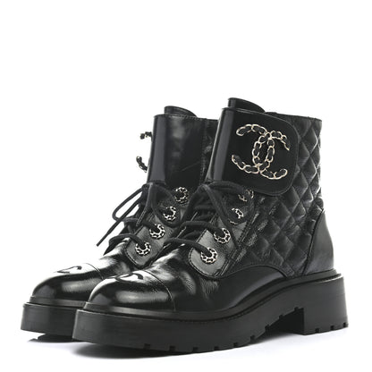 Chanel Shiny Calfskin Quilted Lace Up Combat Boots 35 Black 4 of 12