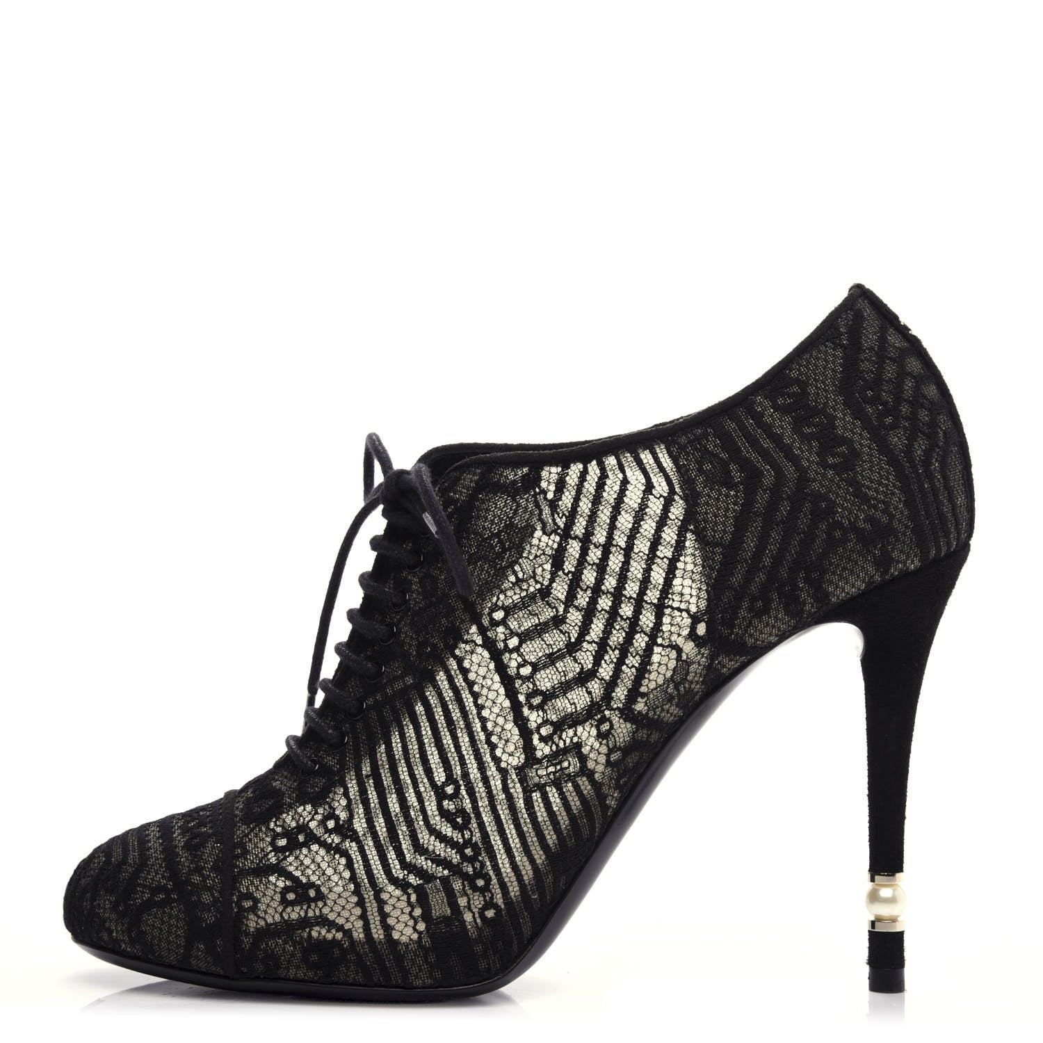 Chanel Lace Mesh Kid Suede Pearl Lace Up Booties 38.5 Black 1 of 11