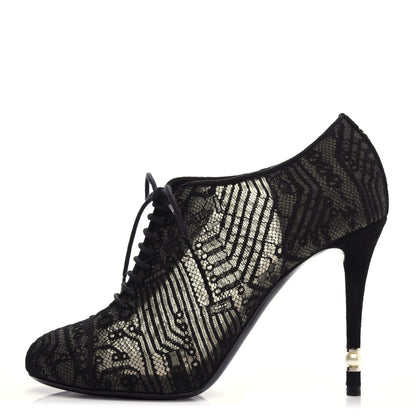 Chanel Lace Mesh Kid Suede Pearl Lace Up Booties 38.5 Black 1 of 11