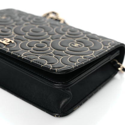 Chanel Lambskin Camellia Embossed Wallet On Chain WOC Black Gold 10 of 10