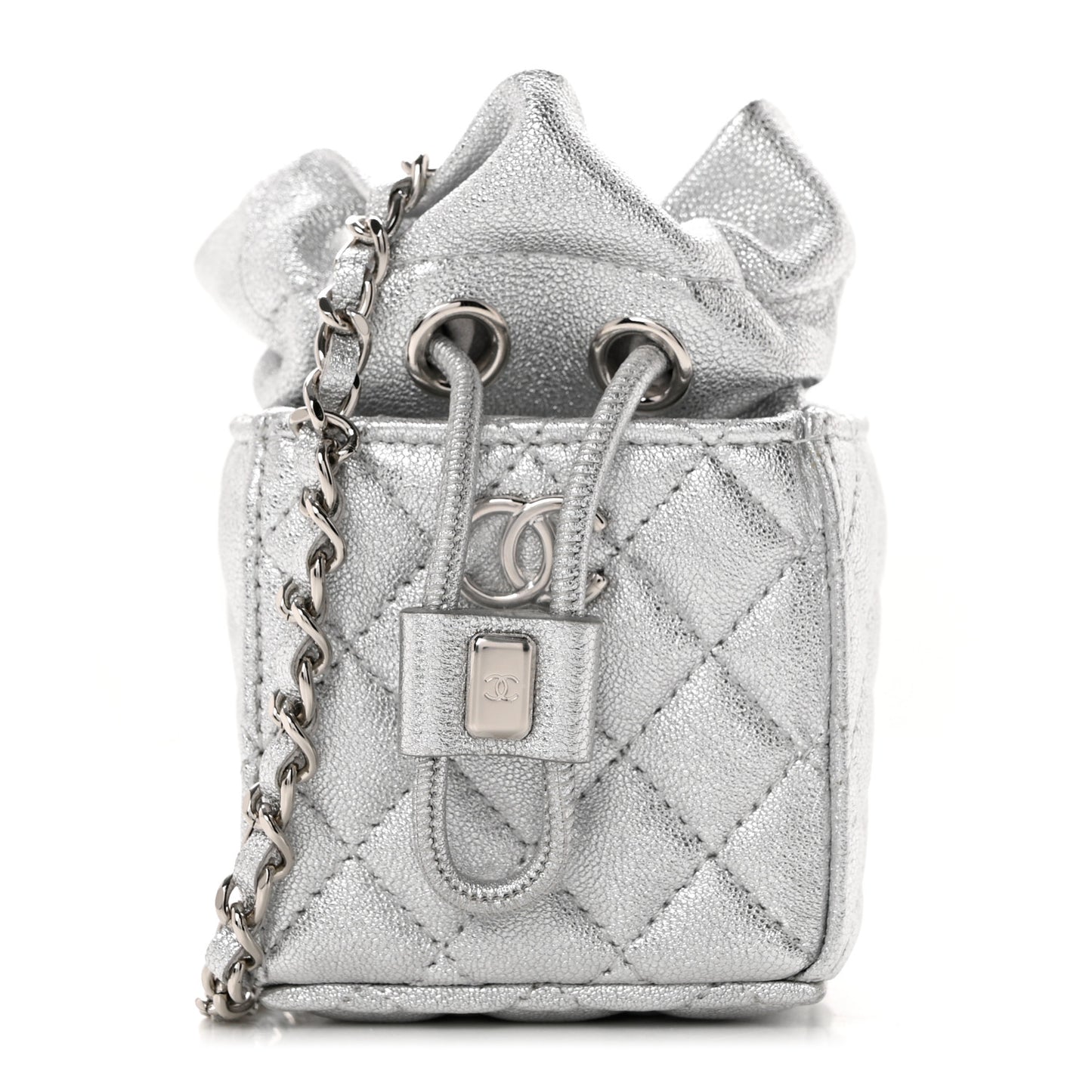 Metallic Caviar Quilted Mini Drawstring Bucket Bag Silver