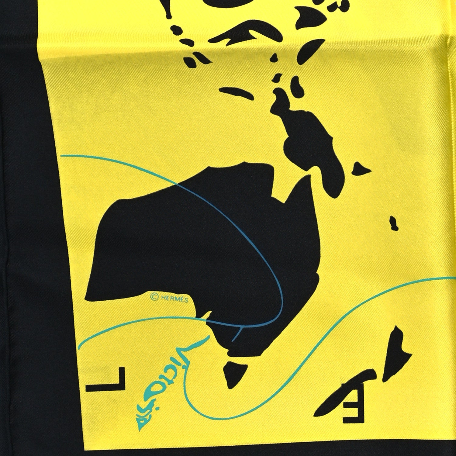Hermes Silk Le Monde Est Une Fleuve Scarf 90 Black Citron Turquoise 4 of 4