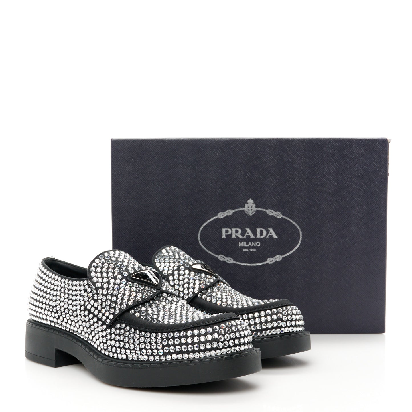 Satin Crystal Metal Triangle Logo Mens Loafers 7 Cristal