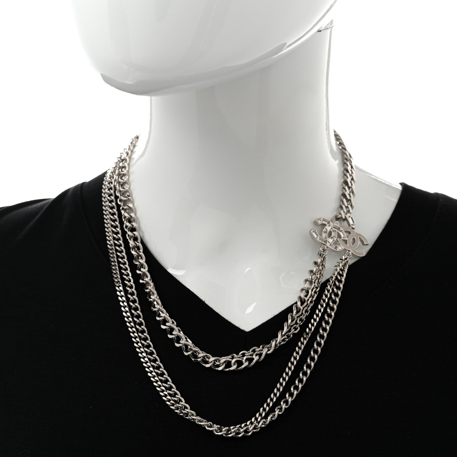 Chanel Baguette Crystal CC Multi Strand Long Chain Necklace Silver 2 of 6