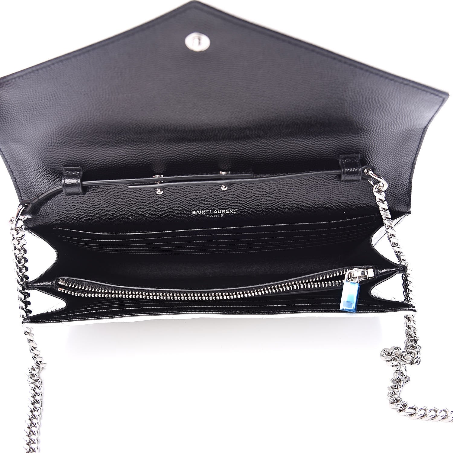 Saint Laurent Grain De Poudre Matelasse Bi-Color Chevron Monogram Chain Wallet White Black 5 of 9