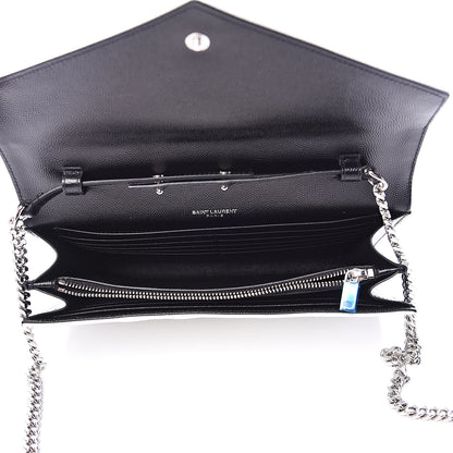 Saint Laurent Grain De Poudre Matelasse Bi-Color Chevron Monogram Chain Wallet White Black 5 of 9