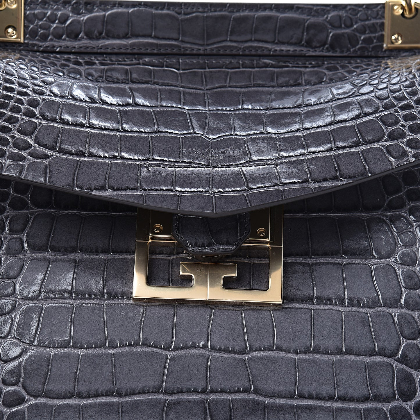 Calfskin Crocodile Embossed Small Mystic Shoulder Bag Storm Grey