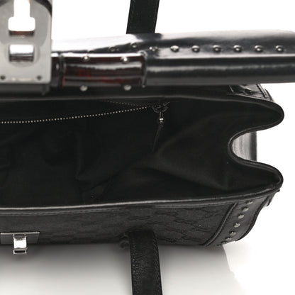 Gucci Monogram Studded Bamboo Bullet Satchel Black 4 of 16