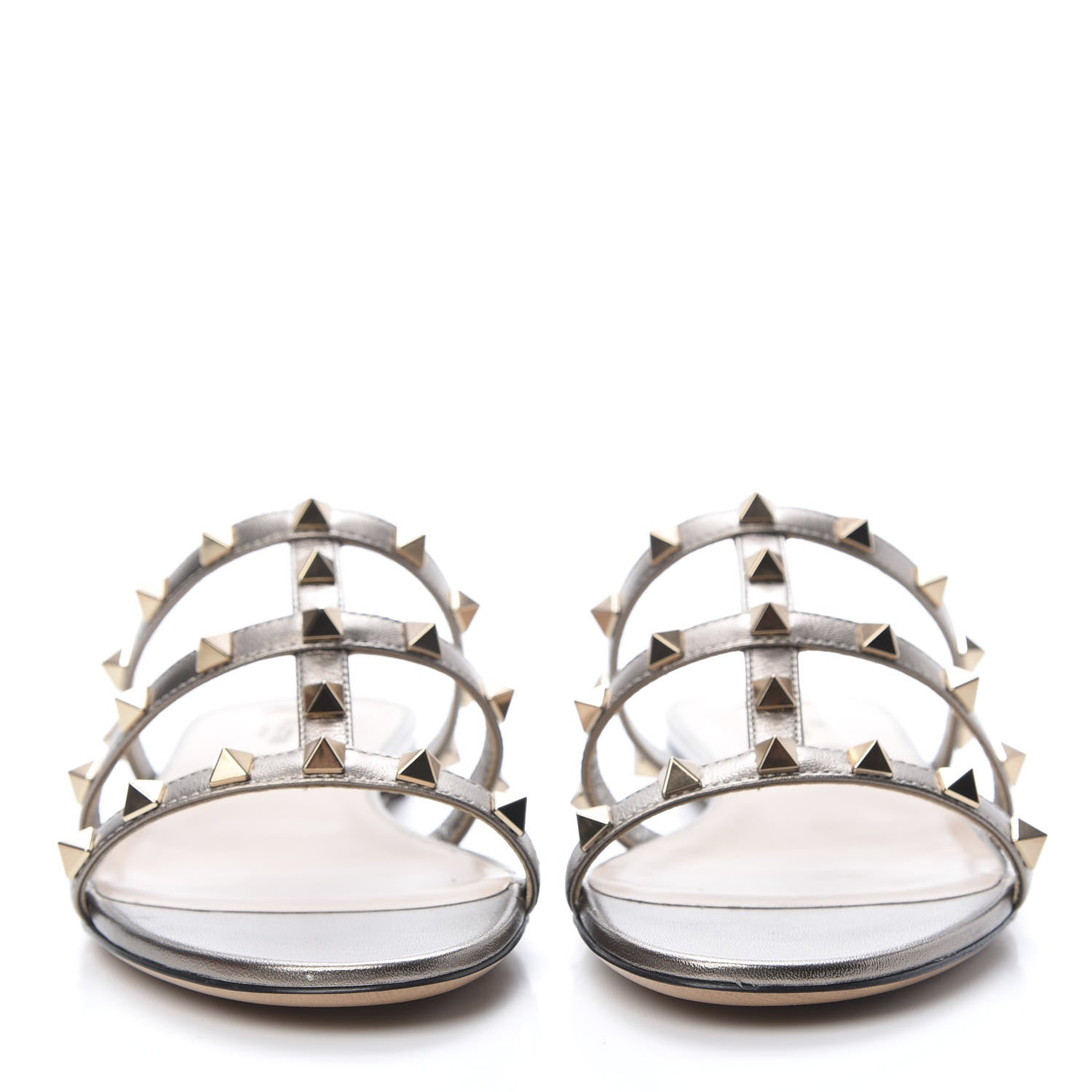 Valentino Garavani Metallic Nappa Rockstud Caged Flat Slide Sandals 36.5 Sasso 2 of 9