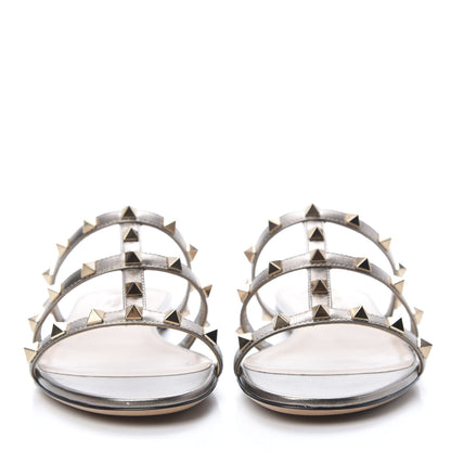 Valentino Garavani Metallic Nappa Rockstud Caged Flat Slide Sandals 36.5 Sasso 2 of 9
