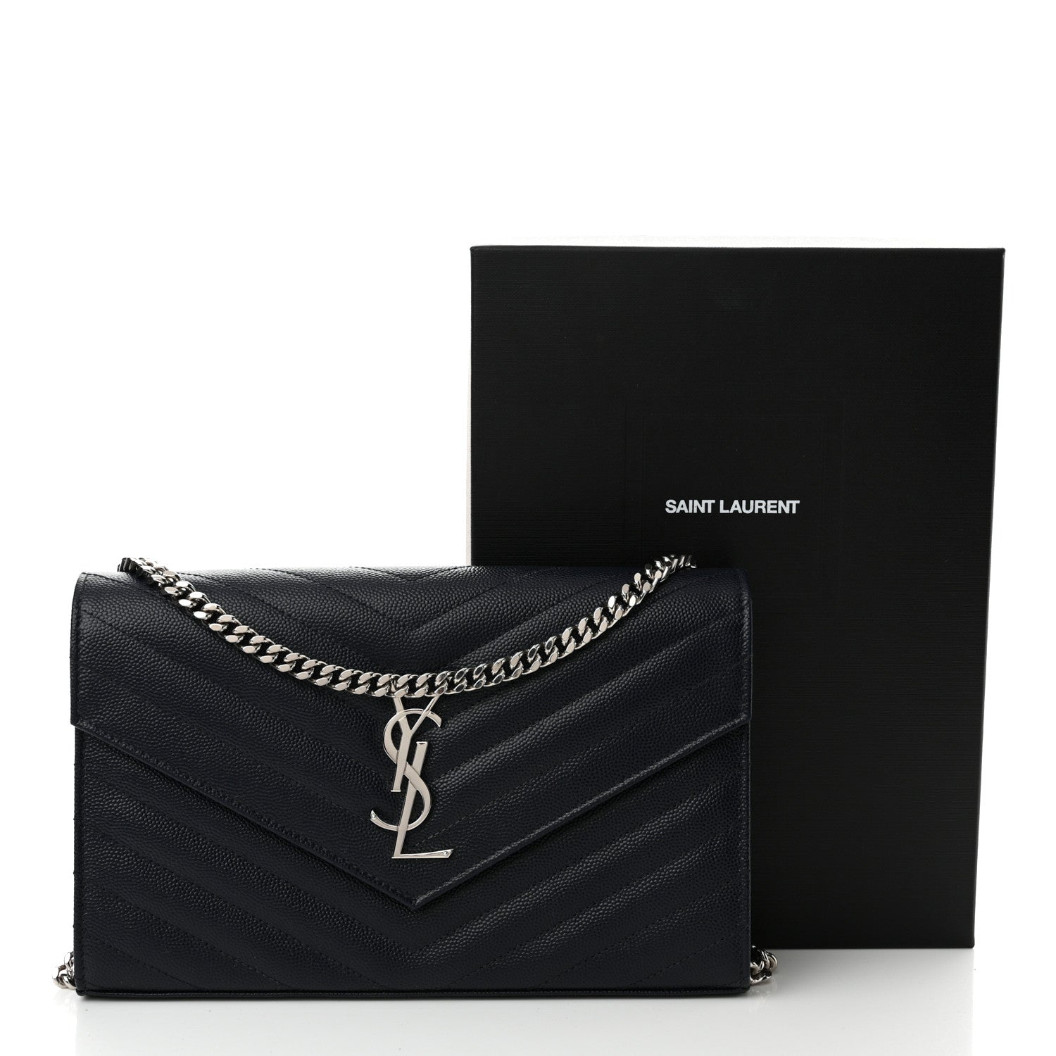 Saint Laurent Grain De Poudre Matelasse Chevron Monogram Chain Wallet Deep Marine 12 of 12
