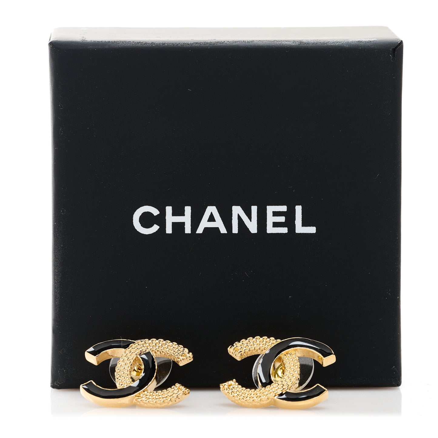 Metal Enamel CC Earrings Black Gold