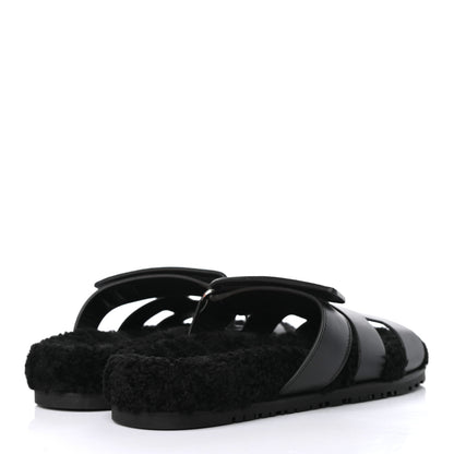 Hermes Calfskin Woolskin Womens Chypre Sandals 41 Black 4 of 9