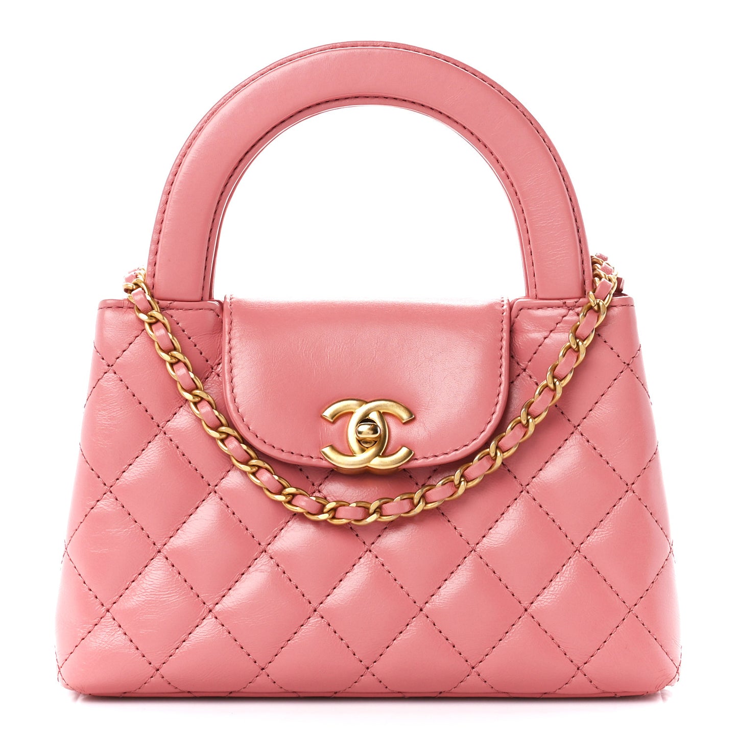 Shiny Aged Calfskin Quilted Nano Kelly Shopper Coral Pink