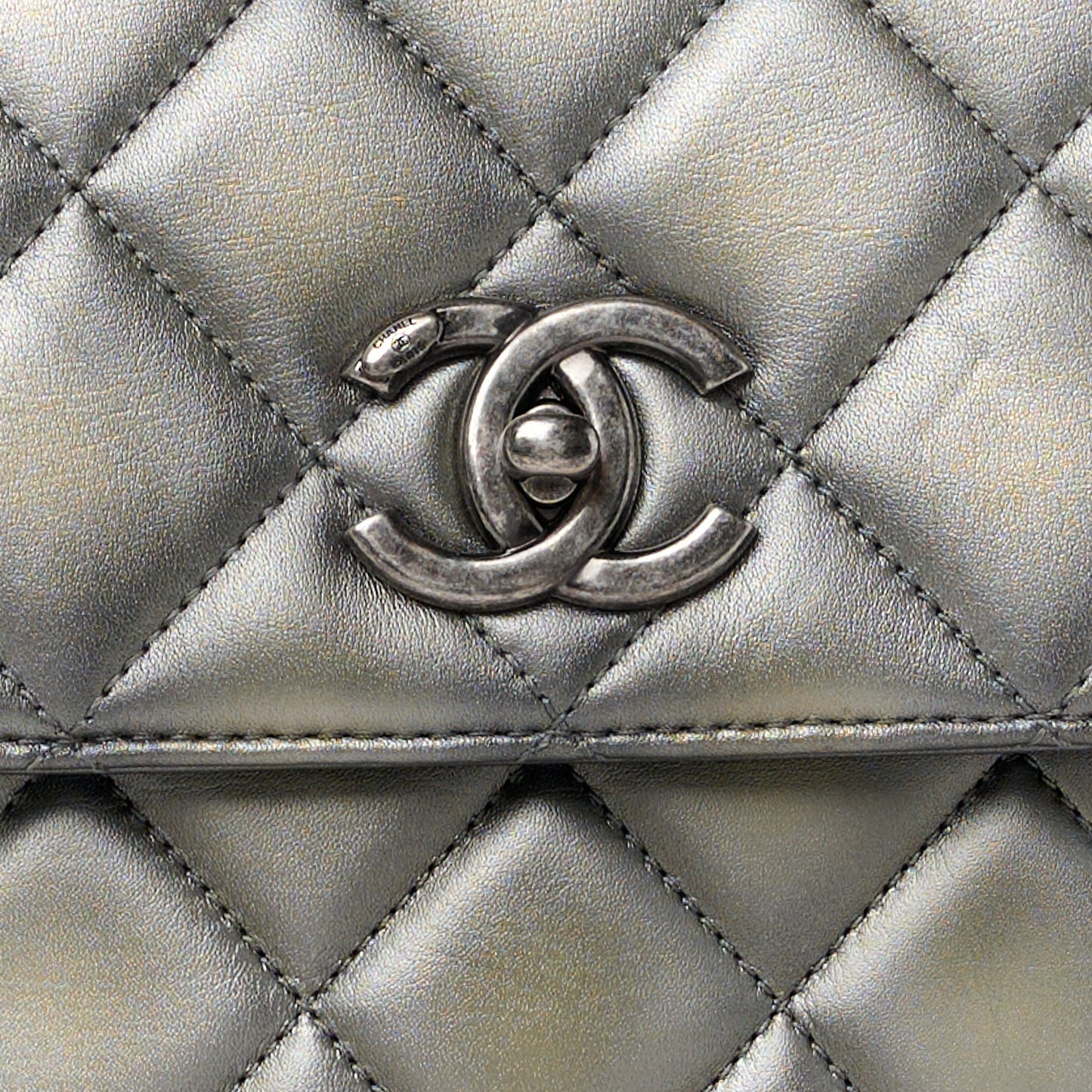 Metallic Faded Calfskin Quilted Small Trendy CC Dual Handle Flap Bag Silver Gold