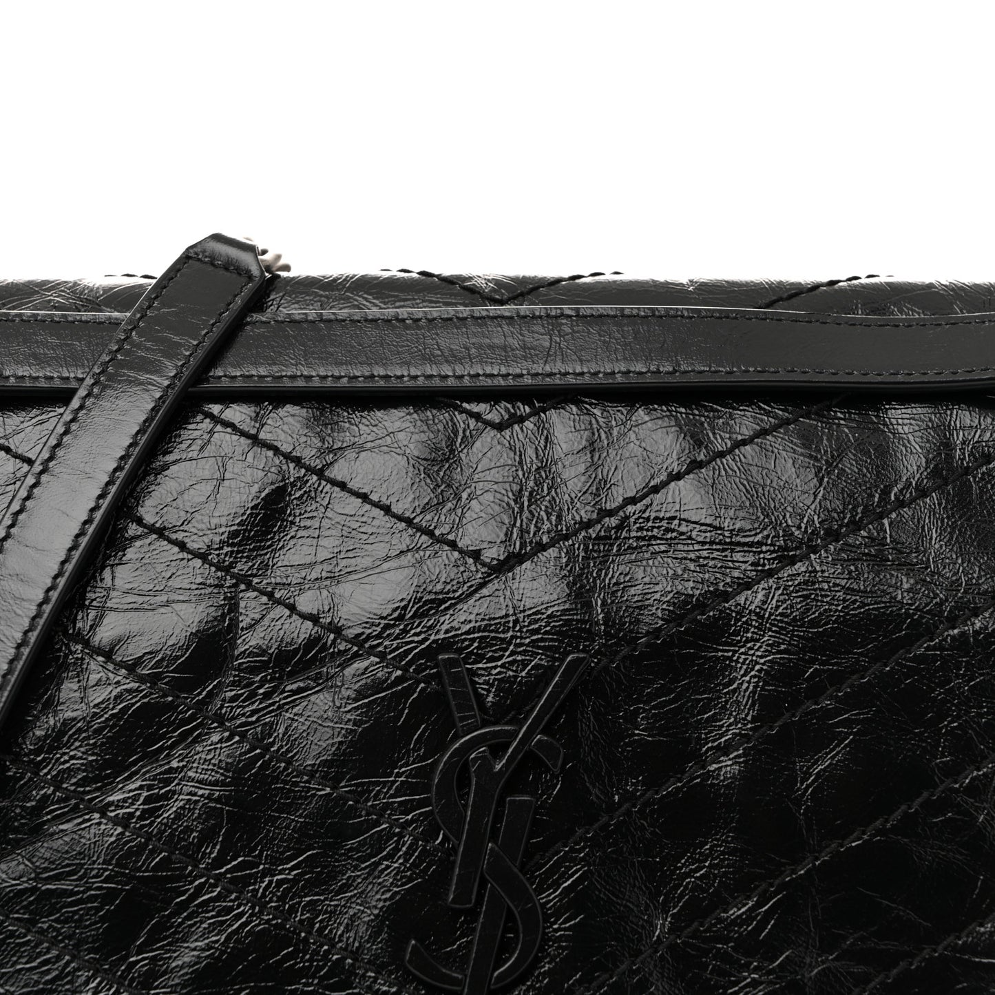 Crinkled Calfskin Matelasse Monogram Large Niki Chain Satchel Black