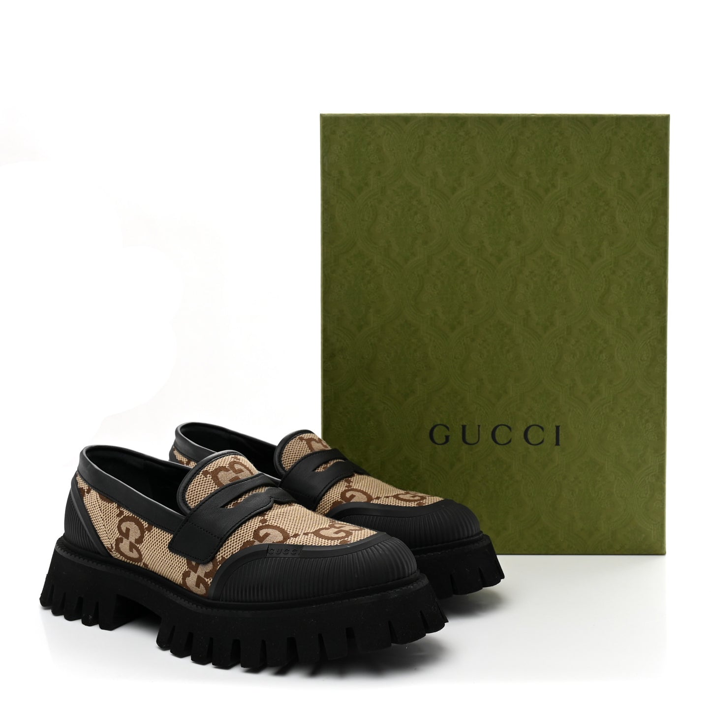 Monogram Jumbo GG Miro Soft Calfskin Mens Lug Sole Loafers 8.5 Camel Ebony Black
