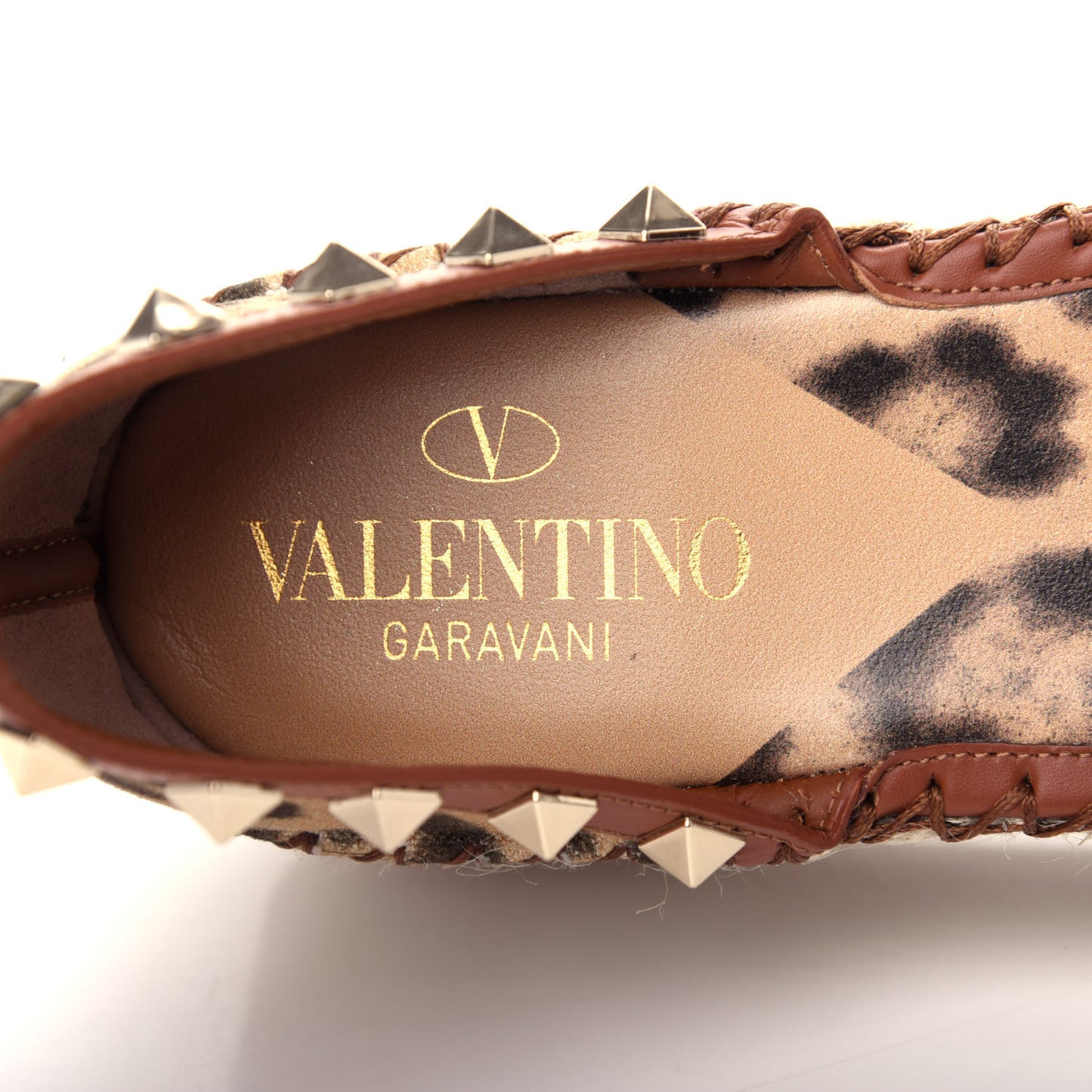 Canvas Leopard Print Rockstud Ankle Wrap Espadrille Flatform Sandals 38 Brown