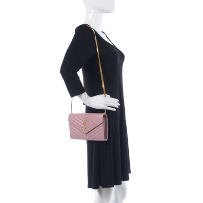 Saint Laurent Grain De Poudre Matelasse Chevron Monogram Chain Wallet Tender Pink 2 of 8