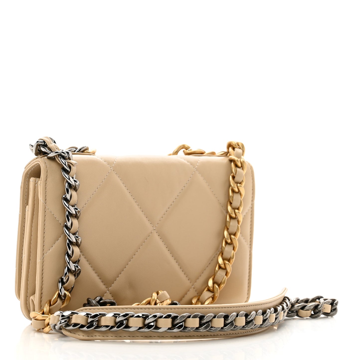Lambskin Quilted Chanel 19 Wallet On Chain WOC Beige