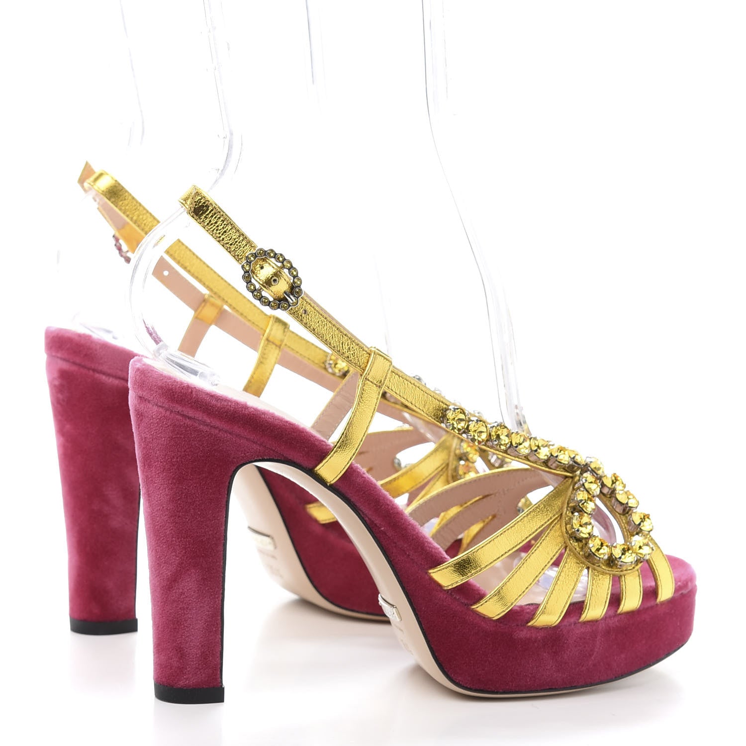 Gucci Velvet Nappa Crystal Zephyra Slingback Platform High Heel Sandals 35.5 Pink Gold 4 of 8