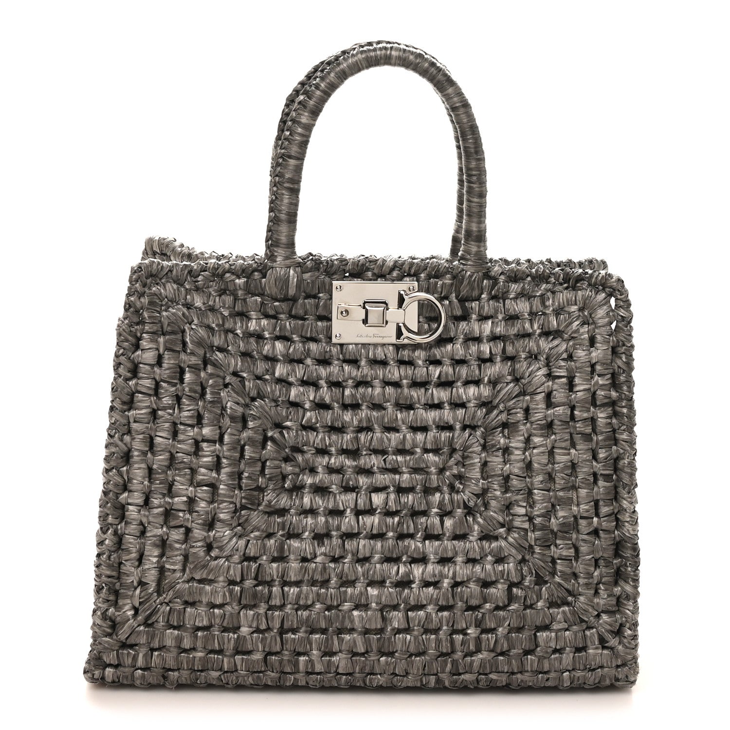 Salvatore Ferragamo Raffia Medium The Studio Box Bag Silver 1 of 10