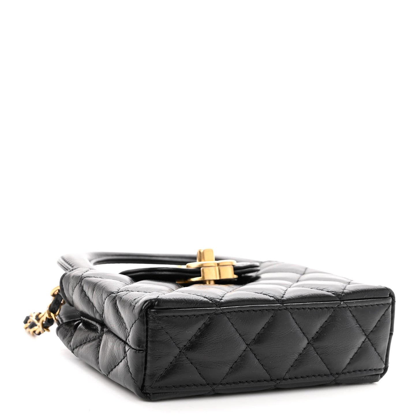Shiny Aged Calfskin Quilted Mini Nano Kelly Shopper Black