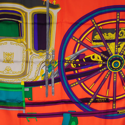 Hermes Silk Balade En Berline Scarf 90 Corail Vert Violet 1 of 5