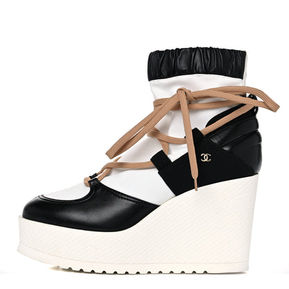 Chanel Patent Calfskin Runway Wedge Short Platform Boots 40 Black White Beige 1 of 8