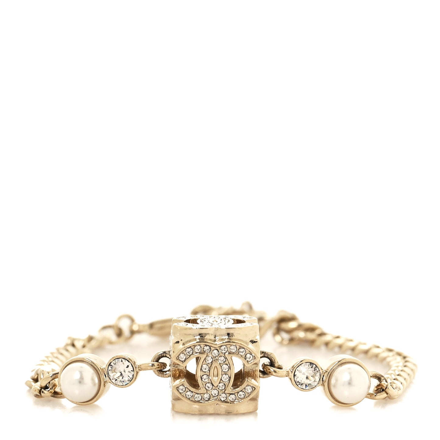 Crystal Pearl CC Chain Charm Bracelet Gold