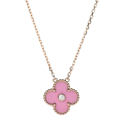 Van Cleef & Arpels 18K Rose Gold Diamond Pink Porcelain Vintage Alhambra Pendant Necklace 4 of 8
