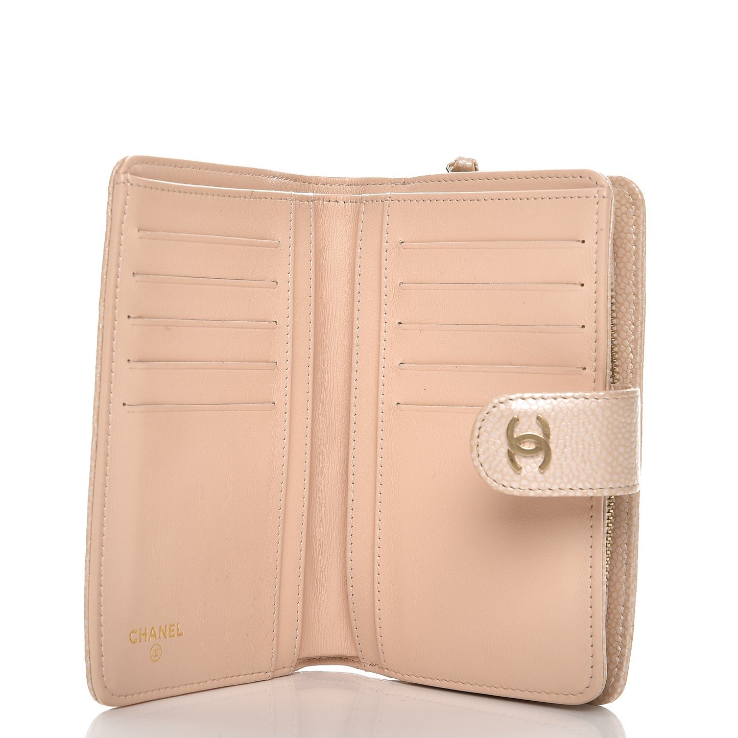 Iridescent Caviar Quilted Zipped Pocket Wallet Beige Clair