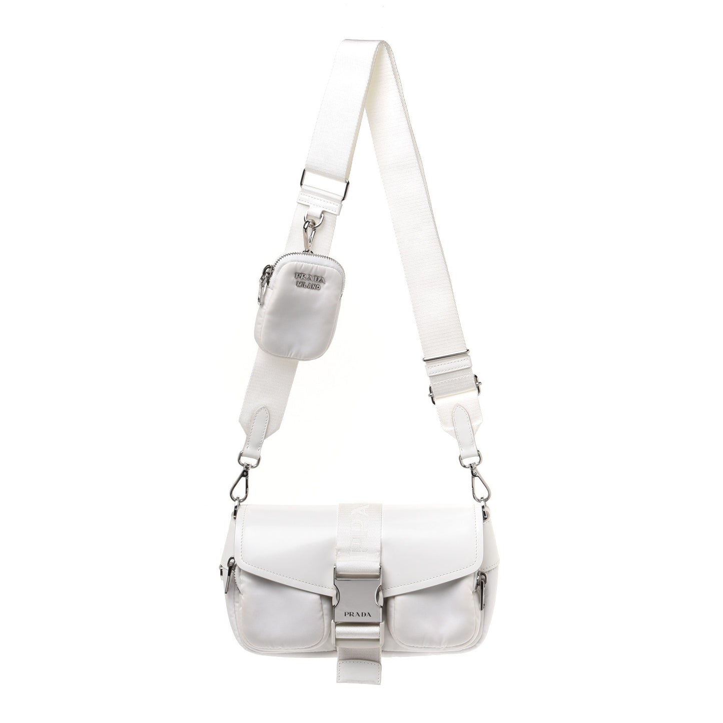 Re-Nylon Spazzolato Double Pocket Buckle Shoulder Bag White